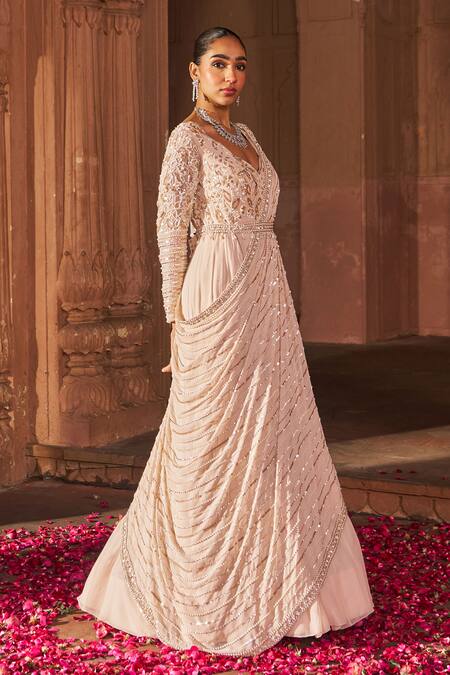 Nidhika Shekhar Pink Georgette, Linen Sequins, Embroidery V-neck Anarkali With Belt at Aza Fashions Nidhika Shekhar_Pink Georgette, Linen Sequins, Embroidery V-neck Anarkali With Belt _at_Aza_Fashions