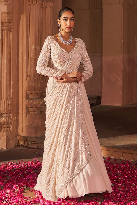 Buy Nidhika Shekhar Pink Georgette, Linen Sequins, Embroidery V-neck Anarkali With Belt Buy_Nidhika Shekhar_Pink Georgette, Linen Sequins, Embroidery V-neck Anarkali With Belt