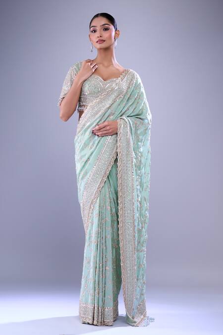 Azeera Green Tissue Cutdana, Floral, Sequin, Embroidered Scallop Hem Saree With Blouse Online at Aza Fashions Azeera_Green Tissue Cutdana, Floral, Sequin, Embroidered Scallop Hem Saree With Blouse_Online_at_Aza_Fashions