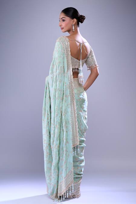 Shop Azeera Green Tissue Cutdana, Floral, Sequin, Embroidered Scallop Hem Saree With Blouse at Aza Fashions Shop_Azeera_Green Tissue Cutdana, Floral, Sequin, Embroidered Scallop Hem Saree With Blouse_at_Aza_Fashions