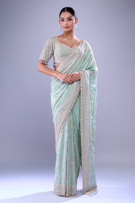 Buy Azeera Green Tissue Cutdana, Floral, Sequin, Embroidered Scallop Hem Saree With Blouse Online at Aza Fashions Buy_Azeera_Green Tissue Cutdana, Floral, Sequin, Embroidered Scallop Hem Saree With Blouse_Online_at_Aza_Fashions