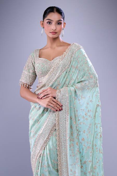Shop Azeera Green Tissue Cutdana, Floral, Sequin, Embroidered Scallop Hem Saree With Blouse Online at Aza Fashions Shop_Azeera_Green Tissue Cutdana, Floral, Sequin, Embroidered Scallop Hem Saree With Blouse_Online_at_Aza_Fashions