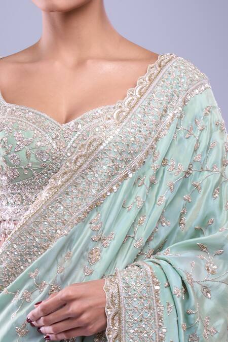 Buy Azeera Green Tissue Cutdana, Floral, Sequin, Embroidered Scallop Hem Saree With Blouse Buy_Azeera_Green Tissue Cutdana, Floral, Sequin, Embroidered Scallop Hem Saree With Blouse