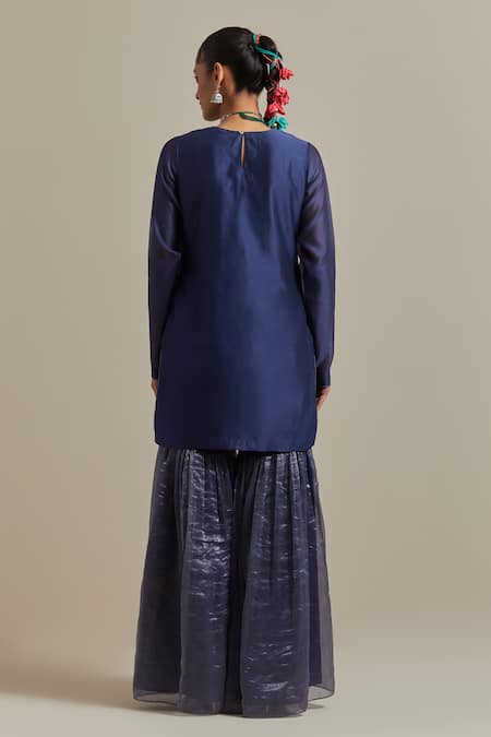 Shop Vinusto Blue Handloom Cotton, Chanderi Zari, Gota Patti, Short Kurta And Gharara Set at Aza Fashions Shop_Vinusto_Blue Handloom Cotton, Chanderi Zari, Gota Patti, Short Kurta And Gharara Set _at_Aza_Fashions