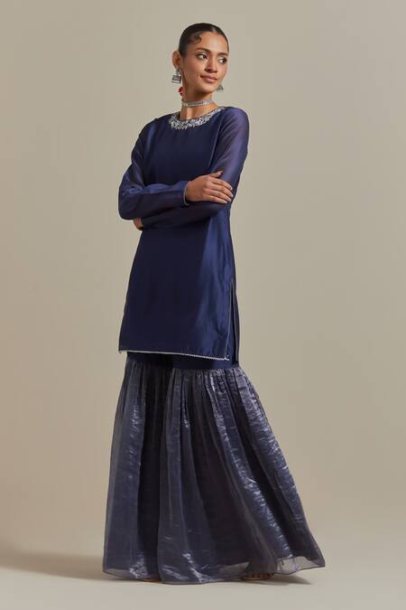 Vinusto Blue Handloom Cotton, Chanderi Zari, Gota Patti, Short Kurta And Gharara Set Online at Aza Fashions Vinusto_Blue Handloom Cotton, Chanderi Zari, Gota Patti, Short Kurta And Gharara Set _Online_at_Aza_Fashions