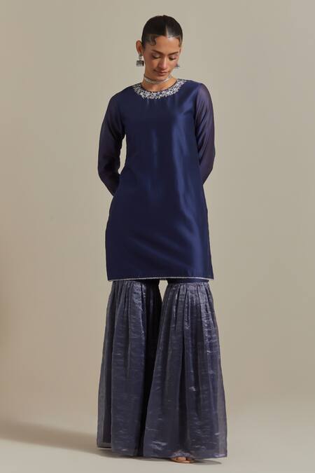 Shop Vinusto Blue Handloom Cotton, Chanderi Zari, Gota Patti, Short Kurta And Gharara Set Online at Aza Fashions Shop_Vinusto_Blue Handloom Cotton, Chanderi Zari, Gota Patti, Short Kurta And Gharara Set _Online_at_Aza_Fashions