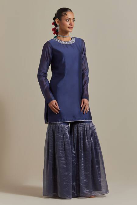 Shop Vinusto Blue Handloom Cotton, Chanderi Zari, Gota Patti, Short Kurta And Gharara Set Shop_Vinusto_Blue Handloom Cotton, Chanderi Zari, Gota Patti, Short Kurta And Gharara Set