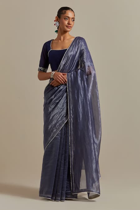 Vinusto Blue Handwoven Chanderi With Zari Stripes Embroidered Pearl Lace Saree Blouse 