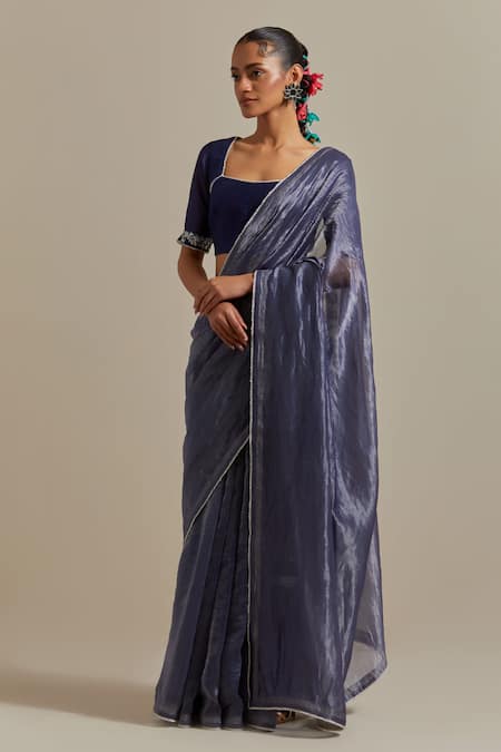 Vinusto_Blue , Silk Handwoven Stripe Saree With Embroidered Blouse _Online_at_Aza_Fashions
