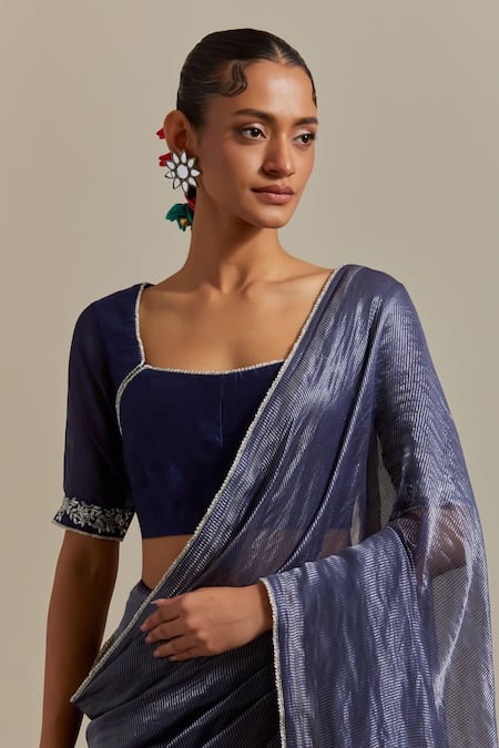 Shop_Vinusto_Blue , Silk Handwoven Stripe Saree With Embroidered Blouse _Online_at_Aza_Fashions