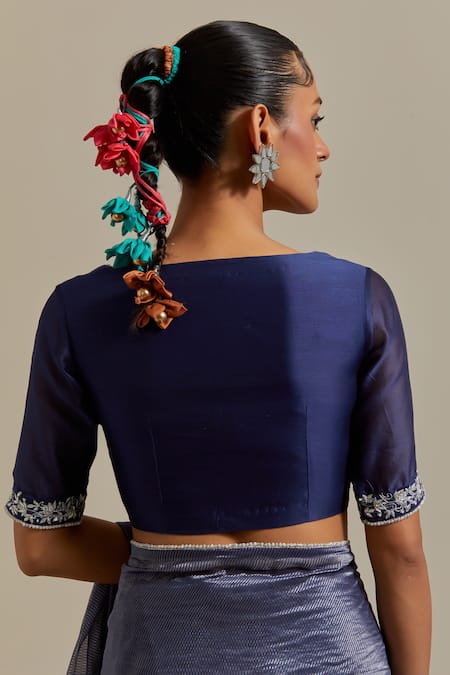 Vinusto_Blue , Silk Handwoven Stripe Saree With Embroidered Blouse _at_Aza_Fashions