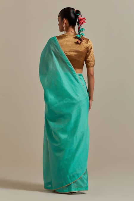 Shop Vinusto Blue Chanderi, Silk Lace, Embroidery V-neck Handwoven Saree With Solid Blouse at Aza Fashions Shop_Vinusto_Blue Chanderi, Silk Lace, Embroidery V-neck Handwoven Saree With Solid Blouse _at_Aza_Fashions