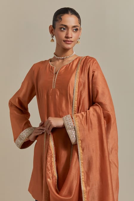 Buy_Vinusto_Brown Handloom Cotton, Chanderi Handwoven Embroidered A-line Kurta And Salwar Set _Online_at_Aza_Fashions