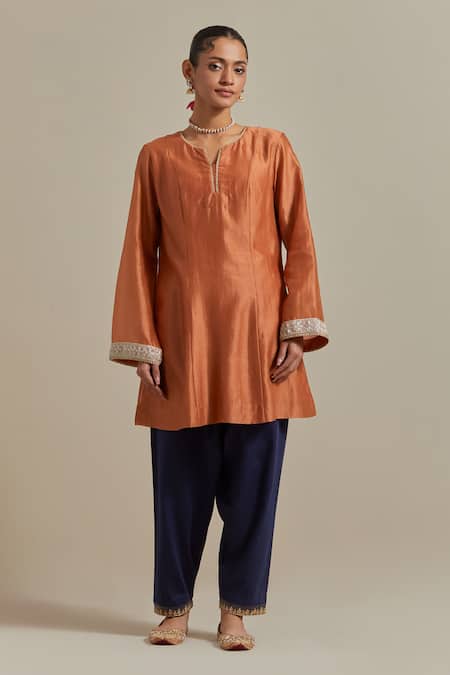 Shop_Vinusto_Brown Handloom Cotton, Chanderi Handwoven Embroidered A-line Kurta And Salwar Set _Online_at_Aza_Fashions