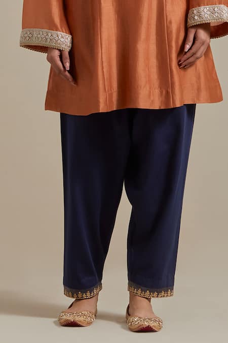 Vinusto_Brown Handloom Cotton, Chanderi Handwoven Embroidered A-line Kurta And Salwar Set _at_Aza_Fashions