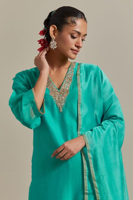 Vinusto_Sky Blue Chanderi Lace, Zari, Embroidery Handwoven Straight Kurta And Pant Set _at_Aza_Fashions