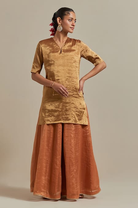 Vinusto_Gold Chanderi Lace V-neck Handwoven Zari Silk Short Kurta And Sharara Set _Online_at_Aza_Fashions