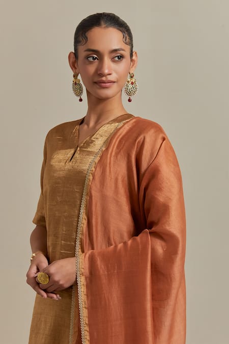 Shop_Vinusto_Gold Chanderi Lace V-neck Handwoven Zari Silk Short Kurta And Sharara Set _Online_at_Aza_Fashions