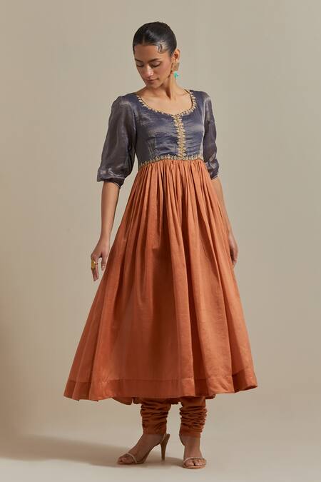 Vinusto_Brown Handloom Cotton, Cotton, Chanderi Handwoven Yoke Anarkali And Churidar Set _Online_at_Aza_Fashions