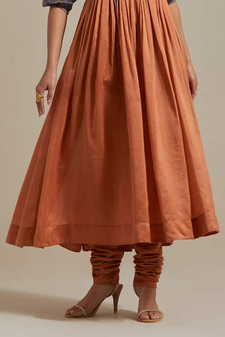 Buy_Vinusto_Brown Handloom Cotton, Cotton, Chanderi Handwoven Yoke Anarkali And Churidar Set _Online_at_Aza_Fashions