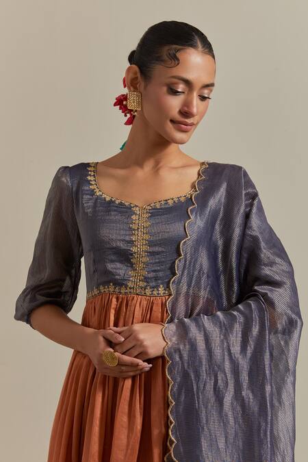 Shop_Vinusto_Brown Handloom Cotton, Cotton, Chanderi Handwoven Yoke Anarkali And Churidar Set _Online_at_Aza_Fashions