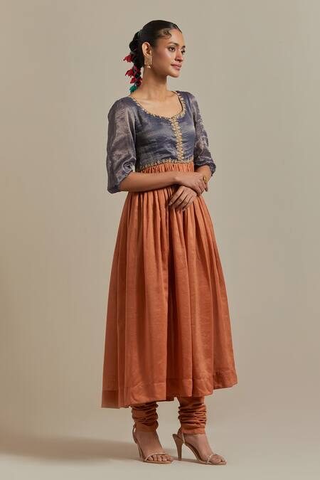 Buy_Vinusto_Brown Handloom Cotton, Cotton, Chanderi Handwoven Yoke Anarkali And Churidar Set 