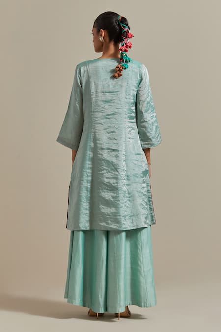 Shop Vinusto Blue Chanderi, Silk Lace, Sequins, Zari Handwoven A-line Kurta And Palazzo Set at Aza Fashions Shop_Vinusto_Blue Chanderi, Silk Lace, Sequins, Zari Handwoven A-line Kurta And Palazzo Set _at_Aza_Fashions