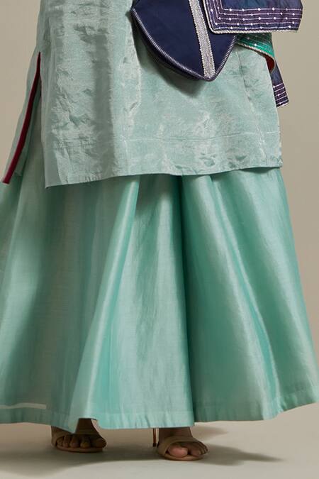 Vinusto Blue Chanderi, Silk Lace, Sequins, Zari Handwoven A-line Kurta And Palazzo Set Online at Aza Fashions Vinusto_Blue Chanderi, Silk Lace, Sequins, Zari Handwoven A-line Kurta And Palazzo Set _Online_at_Aza_Fashions