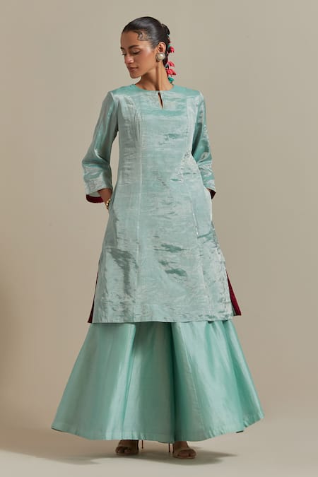 Buy Vinusto Blue Chanderi, Silk Lace, Sequins, Zari Handwoven A-line Kurta And Palazzo Set Online at Aza Fashions Buy_Vinusto_Blue Chanderi, Silk Lace, Sequins, Zari Handwoven A-line Kurta And Palazzo Set _Online_at_Aza_Fashions