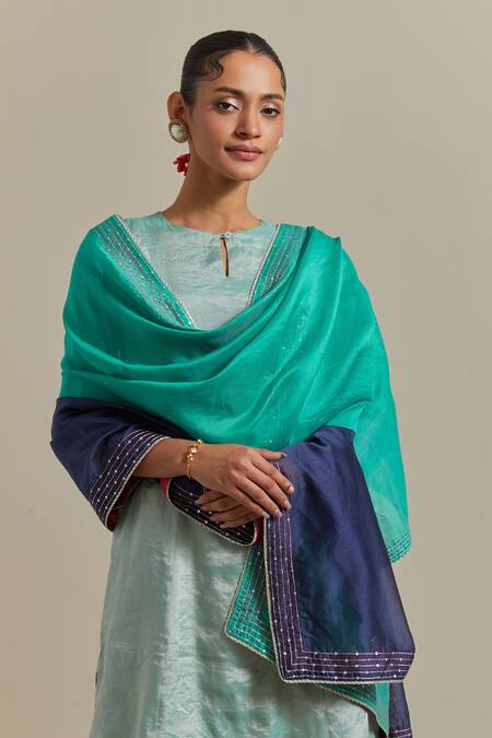 Shop Vinusto Blue Chanderi, Silk Lace, Sequins, Zari Handwoven A-line Kurta And Palazzo Set Online at Aza Fashions Shop_Vinusto_Blue Chanderi, Silk Lace, Sequins, Zari Handwoven A-line Kurta And Palazzo Set _Online_at_Aza_Fashions