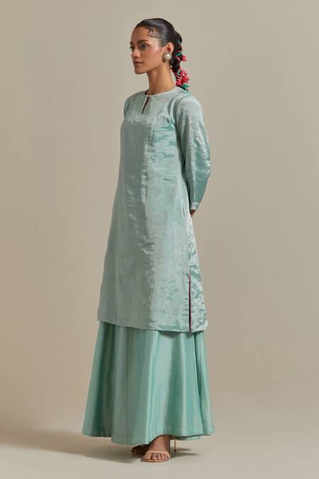 Vinusto Blue Chanderi, Silk Lace, Sequins, Zari Handwoven A-line Kurta And Palazzo Set at Aza Fashions Vinusto_Blue Chanderi, Silk Lace, Sequins, Zari Handwoven A-line Kurta And Palazzo Set _at_Aza_Fashions