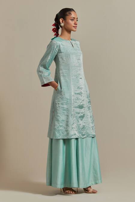 Buy Vinusto Blue Chanderi, Silk Lace, Sequins, Zari Handwoven A-line Kurta And Palazzo Set Buy_Vinusto_Blue Chanderi, Silk Lace, Sequins, Zari Handwoven A-line Kurta And Palazzo Set