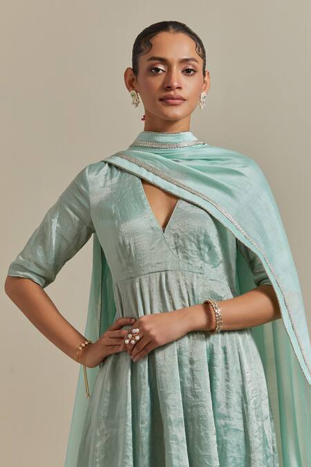 Buy_Vinusto_Blue Chanderi, Handloom Cotton Handwoven Zari Silk Panelled Anarkali And Pant Set _Online_at_Aza_Fashions