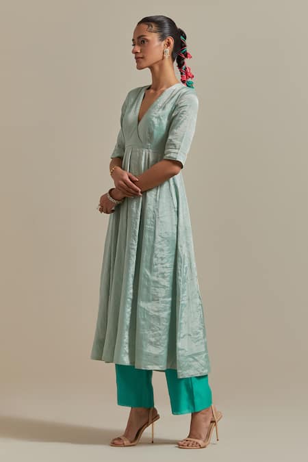 Shop_Vinusto_Blue Chanderi, Handloom Cotton Handwoven Zari Silk Panelled Anarkali And Pant Set _Online_at_Aza_Fashions
