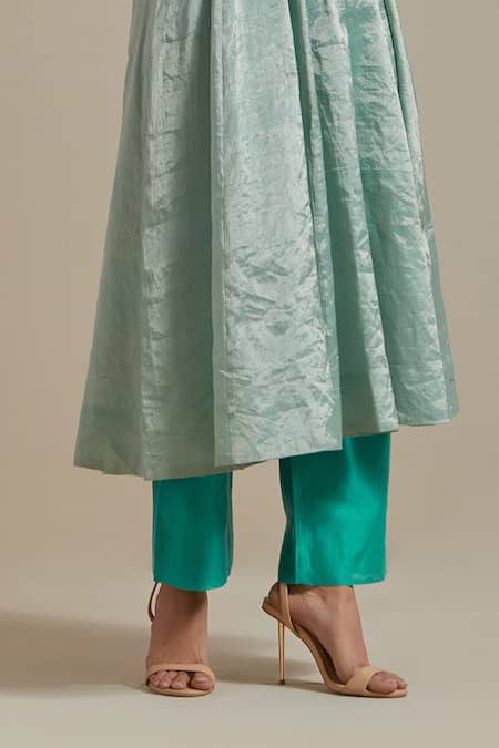 Buy_Vinusto_Blue Chanderi, Handloom Cotton Handwoven Zari Silk Panelled Anarkali And Pant Set 