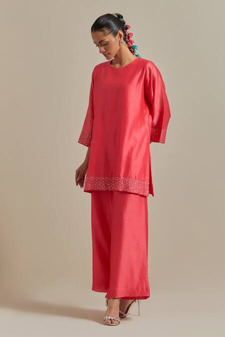 Vinusto_Pink Chanderi Lace, Sequins, Zari Round Embroidered Short Kurta With Palazzo _Online_at_Aza_Fashions