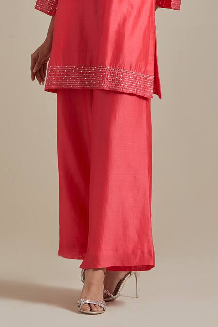 Buy_Vinusto_Pink Chanderi Lace, Sequins, Zari Round Embroidered Short Kurta With Palazzo _Online_at_Aza_Fashions