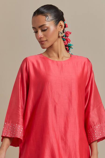 Shop_Vinusto_Pink Chanderi Lace, Sequins, Zari Round Embroidered Short Kurta With Palazzo _Online_at_Aza_Fashions