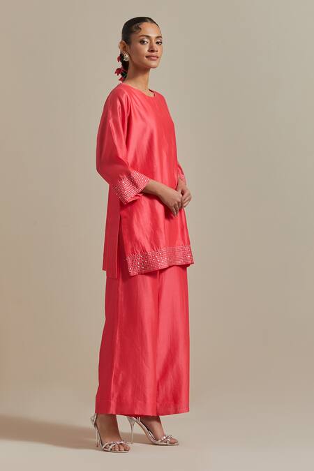 Vinusto_Pink Chanderi Lace, Sequins, Zari Round Embroidered Short Kurta With Palazzo _at_Aza_Fashions