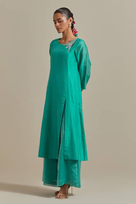 Shop_Vinusto_Sky Blue Chanderi, Handloom Cotton Zardosi A-line Kurta And Palazzo Set _Online_at_Aza_Fashions