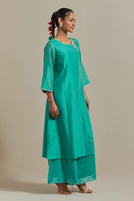 Vinusto_Sky Blue Chanderi, Handloom Cotton Zardosi A-line Kurta And Palazzo Set _at_Aza_Fashions