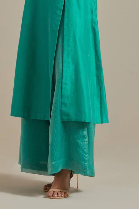 Buy_Vinusto_Sky Blue Chanderi, Handloom Cotton Zardosi A-line Kurta And Palazzo Set 