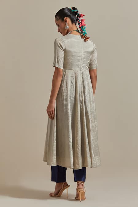 Shop Vinusto Silver Chanderi, Handloom Cotton Zari V-neck Handwoven Silk Anarkali And Pant Set at Aza Fashions Shop_Vinusto_Silver Chanderi, Handloom Cotton Zari V-neck Handwoven Silk Anarkali And Pant Set _at_Aza_Fashions