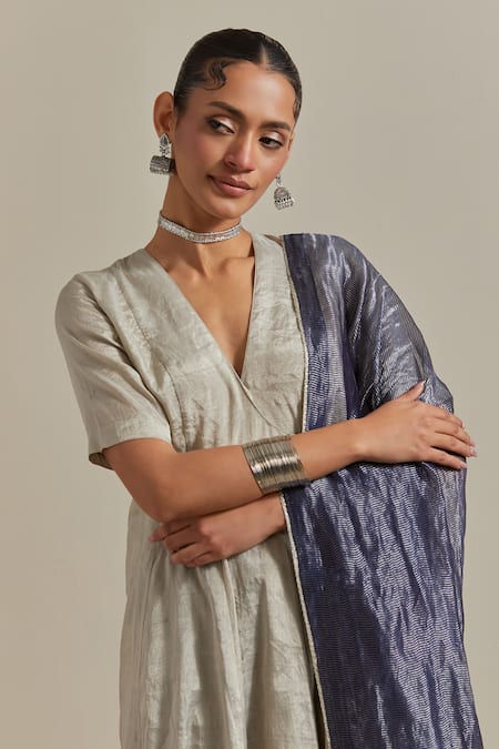 Shop Vinusto Silver Chanderi, Handloom Cotton Zari V-neck Handwoven Silk Anarkali And Pant Set Online at Aza Fashions Shop_Vinusto_Silver Chanderi, Handloom Cotton Zari V-neck Handwoven Silk Anarkali And Pant Set _Online_at_Aza_Fashions