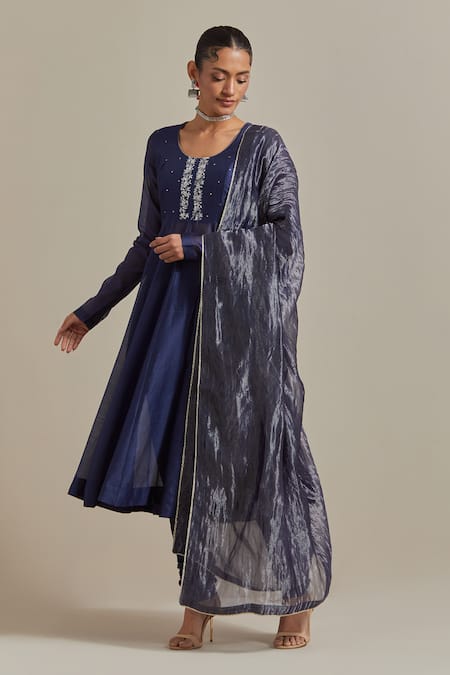 Vinusto Blue Handwoven Chanderi Embroidery Floral Round Zardosi Anarkali And Churidar Set 