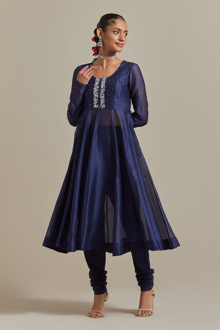Vinusto_Blue Handloom Cotton, Cotton, Chanderi Floral Zardosi Anarkali And Churidar Set _Online_at_Aza_Fashions