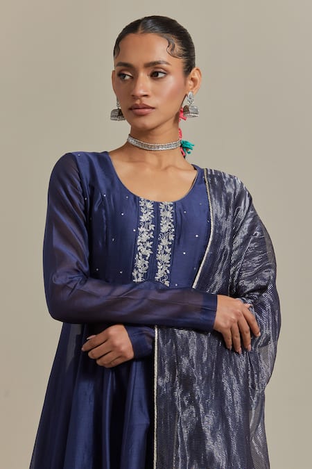Buy_Vinusto_Blue Handloom Cotton, Cotton, Chanderi Floral Zardosi Anarkali And Churidar Set _Online_at_Aza_Fashions
