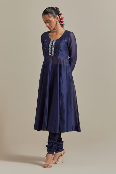 Shop_Vinusto_Blue Handloom Cotton, Cotton, Chanderi Floral Zardosi Anarkali And Churidar Set _Online_at_Aza_Fashions