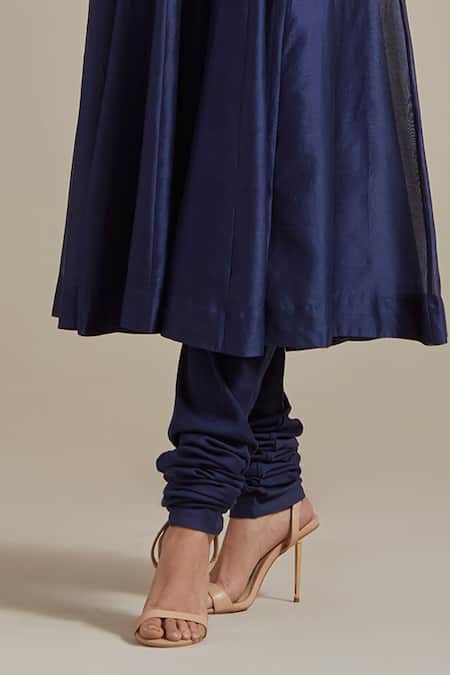 Vinusto_Blue Handloom Cotton, Cotton, Chanderi Floral Zardosi Anarkali And Churidar Set _at_Aza_Fashions