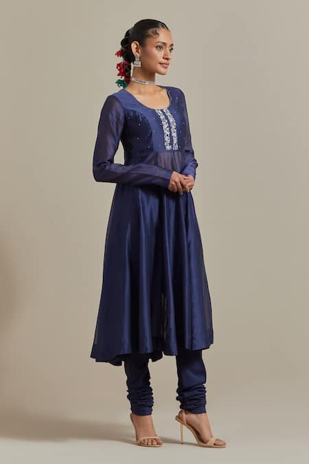 Buy_Vinusto_Blue Handloom Cotton, Cotton, Chanderi Floral Zardosi Anarkali And Churidar Set 
